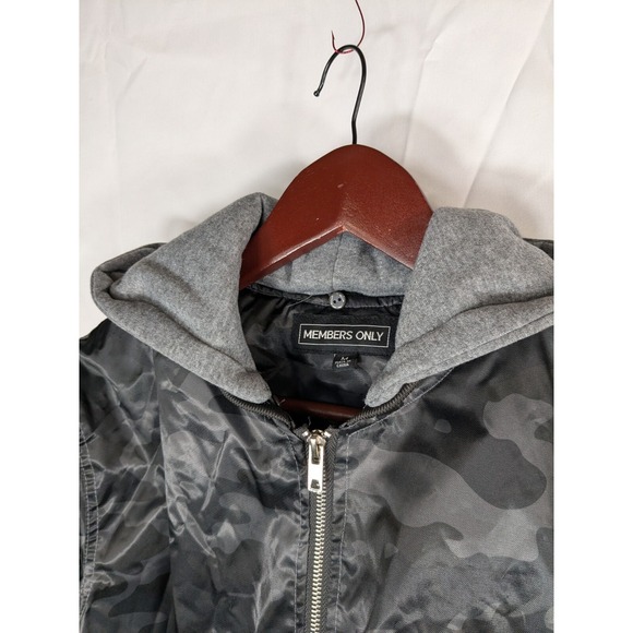 Members Only Bomber Jacket Black Camo Zip Flight Satin Hooded Grunge Mens M A057 - Picture 9 of 14